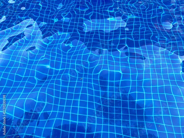 Fototapeta dark blue swimming pool water with tiles and palm tree shadow