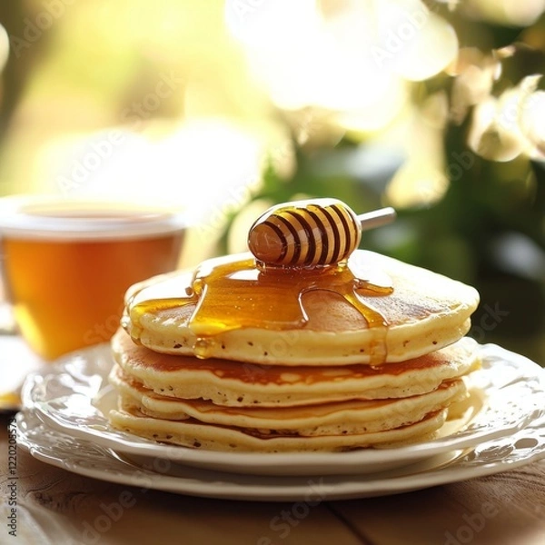 Fototapeta charming breakfast scene featuring a stack of golden American pancakes drizzled with honey and a cup of hot tea, evoking warmth and comfort