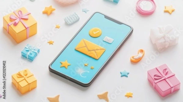 Fototapeta A minimalist 3D smartphone showing a digital email app surrounded by marketing symbols like stars and gift icons, on white
