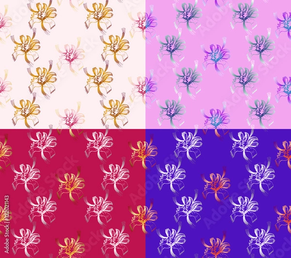 Fototapeta Vector Illustration. Four Seamless Abstract Floral Patterns. Set of backgrounds of different colors. Exclusive decorations, suitable for fabrics, cloth and packaging.