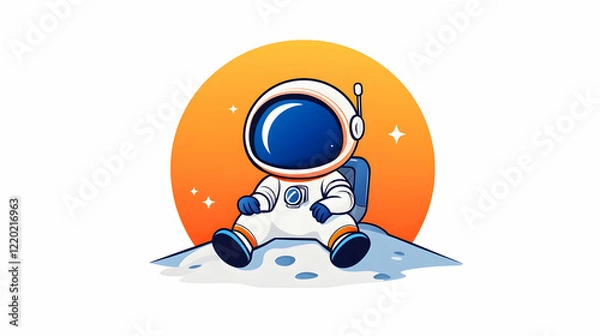 Fototapeta Astronaut resting on moon, sunset background; space exploration, children's book illustration