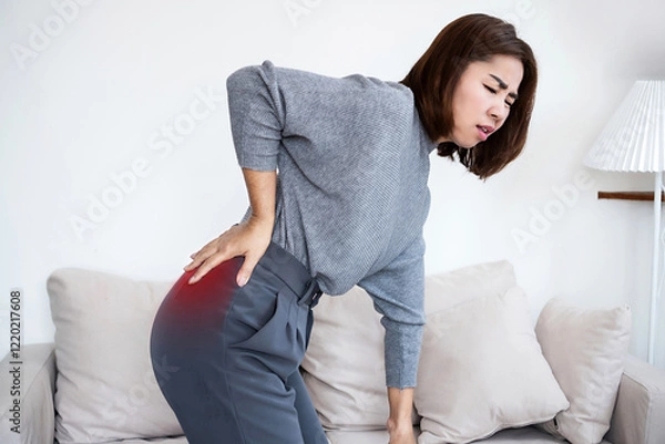 Obraz Asian woman suffering from buttock pain caused by sciatica, piriformis syndrome