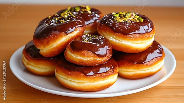 Fototapeta Chocolate glazed donuts with pistachios on a wooden table.  Perfect for food blogs and dessert menus