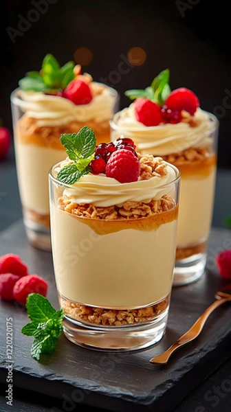 Obraz Creamy dessert with raspberries, caramel, and cookie crust in glasses.  Delicious treat for restaurant menu