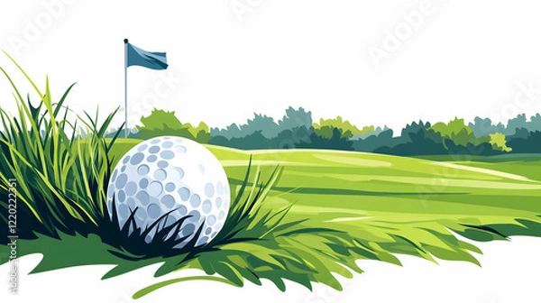 Fototapeta Golf ball on green, flag in background, idyllic landscape, perfect for website banners