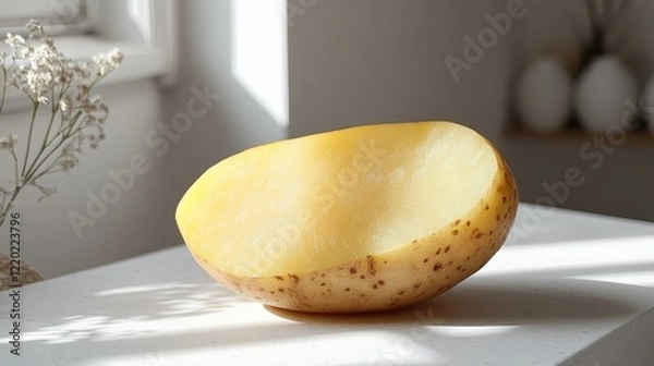 Fototapeta A peeled potato sits on a table