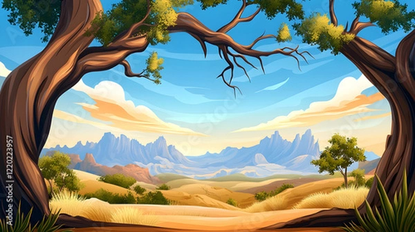 Fototapeta Majestic mountain vista framed by acacia trees, golden savanna foreground, sunset sky; ideal for travel brochures