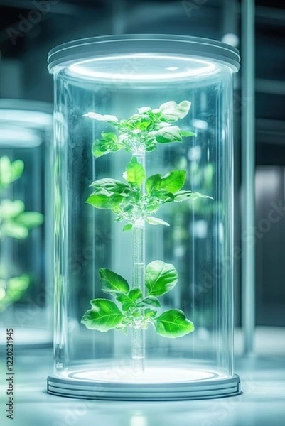 Fototapeta futuristic glass chamber filled with genetically enhanced plant samples softly glowing under controlled led lighting