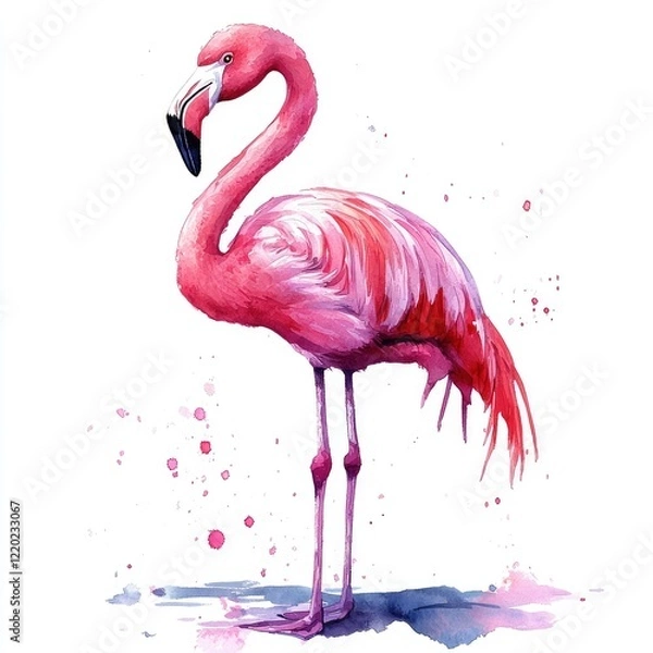 Fototapeta Vibrant pink flamingo standing gracefully, surrounded by colorful splashes, ideal for nature-themed designs