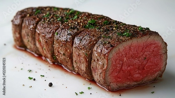 Fototapeta A long piece of meat with a red center and a sprinkle of parsley on top