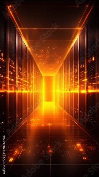 Fototapeta A futuristic hallway illuminated by a glowing orange light, lined with dark panels that create a mysterious and captivating atmosphere.