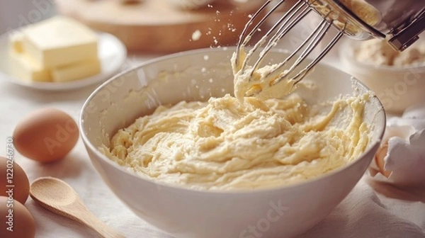 Fototapeta Mixer blending cream in bowl, eggs and butter on table; cooking use