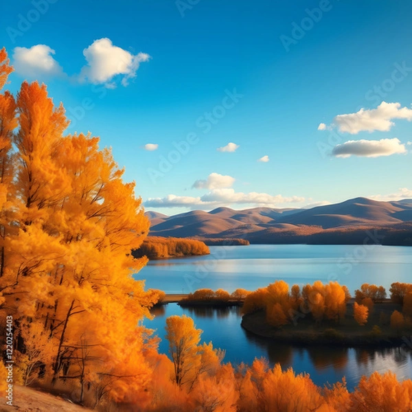 Obraz Golden trees in autumn, calm lakes, wavy landscapes, soft fluffy clouds, a peaceful feeling. Generative AI.