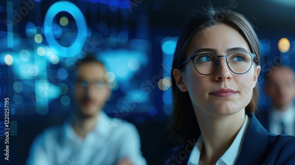 Fototapeta businesswoman in glasses looks thoughtfully at holographic interface, with blurred colleague in background, in modern office setting