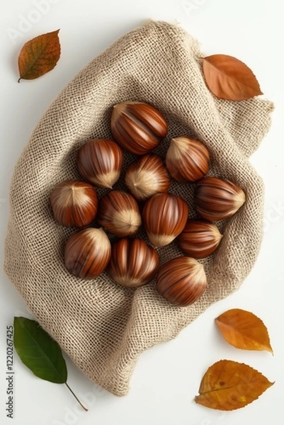 Fototapeta Brown chestnuts with glossy shells and dried leaves on burlap fabric background
