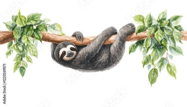 Obraz A charming sloth hanging upside down from a tree branch, surrounded by lush green leaves in a serene setting