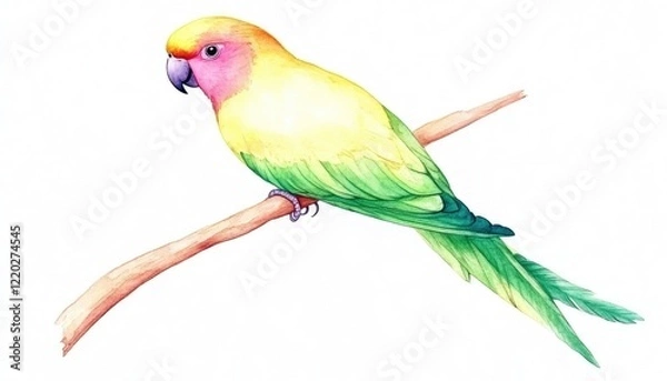 Obraz Vibrant watercolor illustration of a colorful parrot perched on a branch against a white background