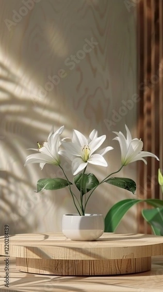 Fototapeta Elegant White Lilies in Simple Pot on Wooden Table with Shadows