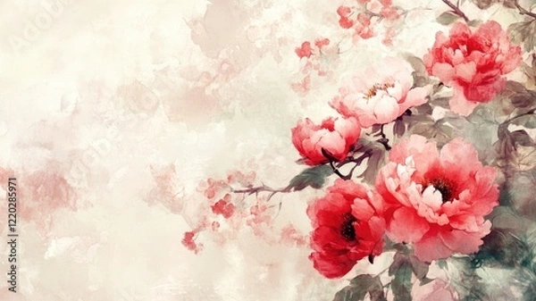 Obraz Elegant watercolor painting of red and pink peonies in full bloom