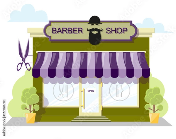 Fototapeta Facade barbershop. Signboard with emblem, awning and symbol in windows. Concept front shop for design banner or brochure. image in a flat design. Vector illustration isolated on white background
