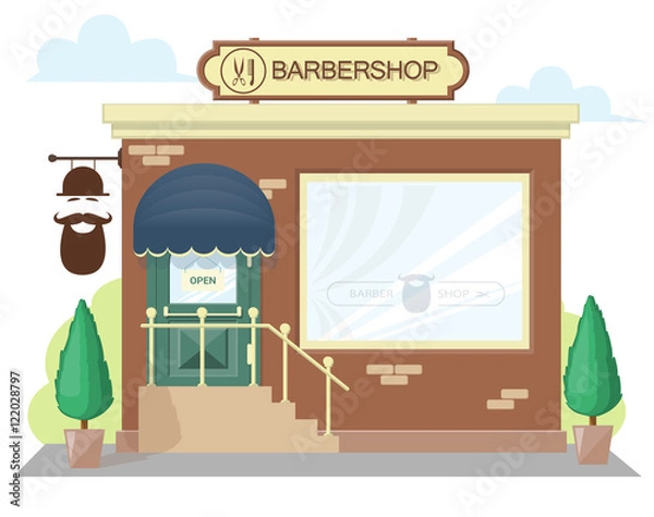 Fototapeta Facade barbershop. Signboard with emblem, awning and symbol in windows. Concept front shop for design banner or brochure. image in a flat design. Vector illustration isolated on white background
