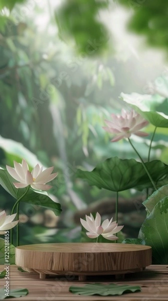 Fototapeta Serene Lotus Flowers on Wooden Platform in Tranquil Green Setting