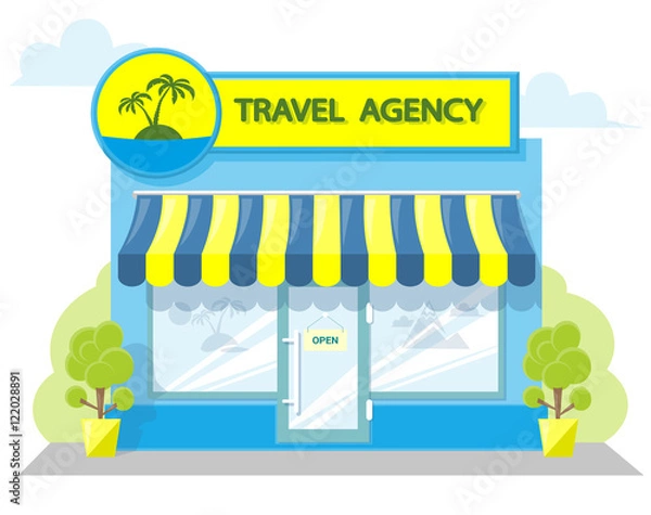 Fototapeta Facade travel agency. Signboard with emblem, awning and symbol in windows. Concept front shop for design banner or brochure. image in a flat design. Vector illustration isolated on white background