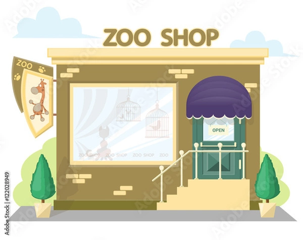 Fototapeta Facade zoo shop. Signboard with emblem giraffe, awning and symbol in windows. Concept front shop for design banner or brochure. image in a flat design. Vector illustration isolated on white background