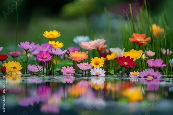 Fototapeta A vibrant array of colorful flowers floating on water, reflecting their beauty amidst lush greenery.