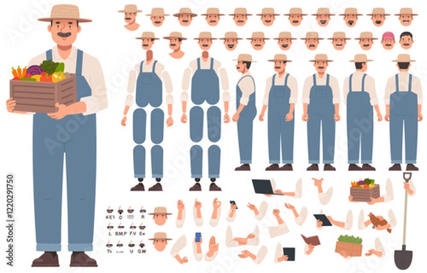 Fototapeta Farmer character constructor. Gardener or villager. Set of arms legs head and body positions for creating animation