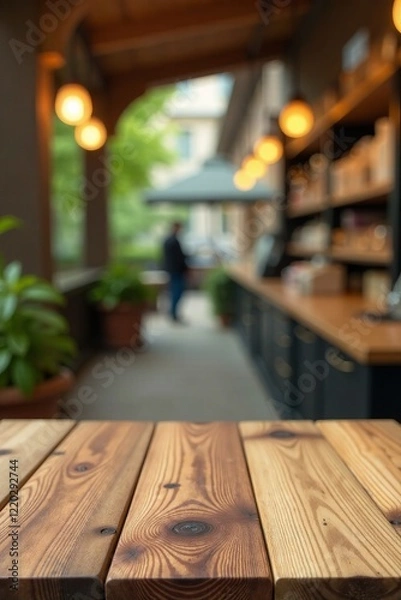 Fototapeta A cozy cafe setting with wooden tables and soft lighting for relaxation and conversations.