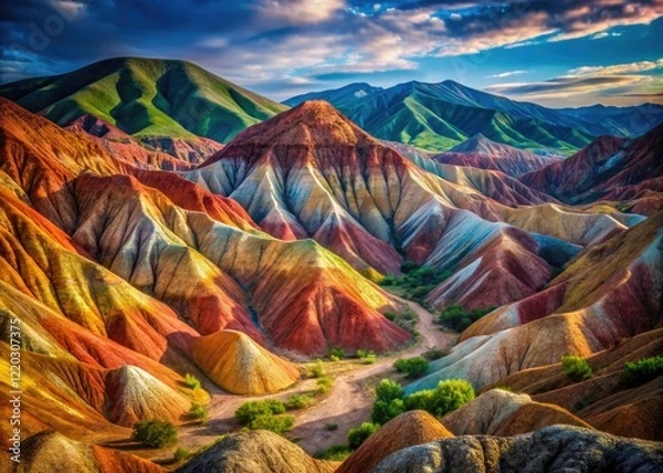 Fototapeta Unreal Altai scenery!  Bokeh photography captures vibrant clay cliffs, a stunning, dreamlike panorama of color.