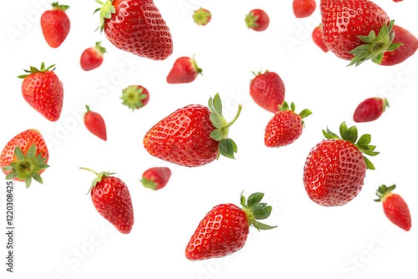 Obraz Falling red strawberries flying isolated on PNG cut out background. 