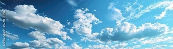 Fototapeta Vast Sky with Fluffy Clouds and Bright Sunlight Illuminating the Tranquil Blue Horizon in a Beautiful Atmospheric Landscape