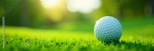 Obraz A close-up of a golf ball on lush green grass under soft sunlight, perfect for sports imagery.