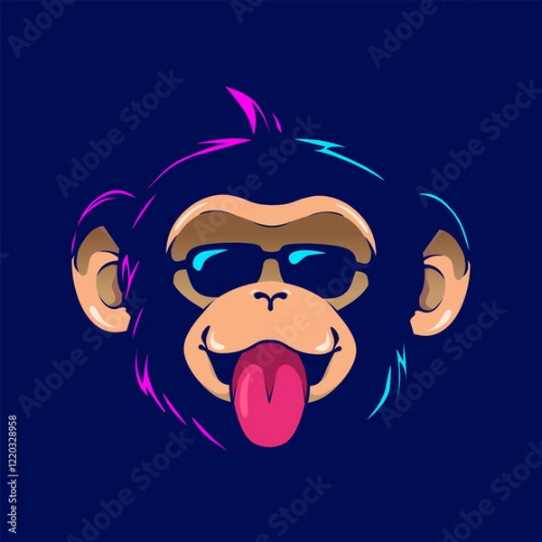 Fototapeta Funny funky monkey graphic art . Pop Art logo. Colorful design with soft background. Abstract vector illustration. Isolated black background for t-shirt, poster, clothing, merch, apparel, badge design