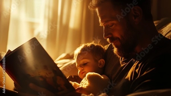 Fototapeta Father sharing a bedtime story with child, cozy atmosphere, soft beige backdrop, intimate moment captured on the right side of the canvas