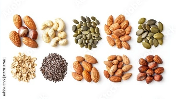 Obraz Nuts and seeds assortment, white isolate background Flexitarian food concept