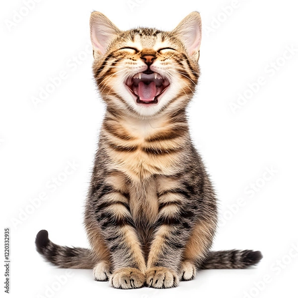 Fototapeta Adorable an American short hair cat sitting on a white background, looking cute and playful with soft fur