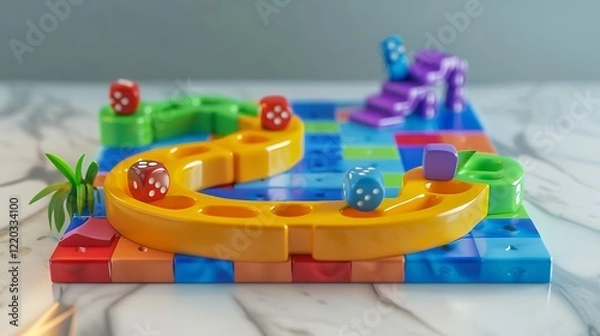 Obraz A colorful Snakes and Ladders game board with dice, displayed on a clean white surface.