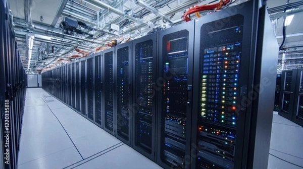 Obraz A long row of server racks in a data center with blue and white lights showing data is in transmission