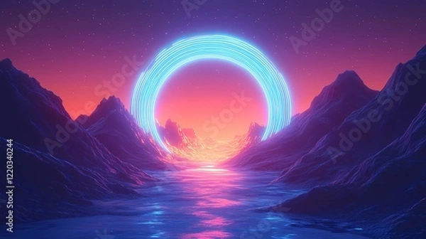 Fototapeta Outrun-themed retrowave background with glowing neon gridlines and a futuristic sunset, illustrated in a classic book-inspired art style