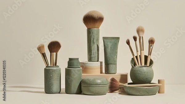 Obraz A curated makeup kit featuring eco-friendly brushes and natural cosmetics, displayed against a clean white background.