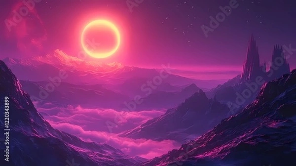 Fototapeta Futuristic retrowave background with glowing lights and a gradient horizon, created in a classic comic book illustration style