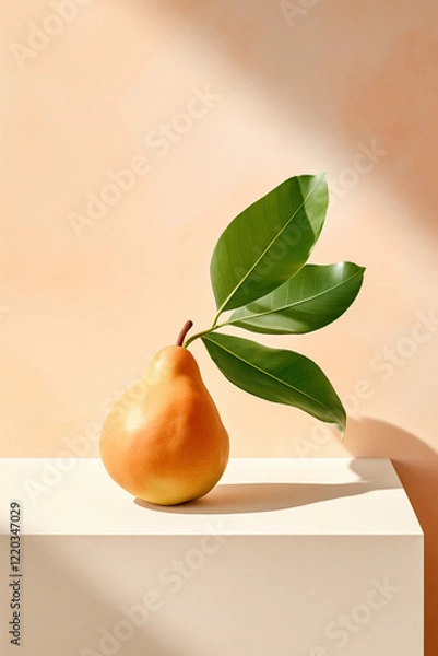 Obraz A Fresh Golden Yellow Pear With Leaves On White Podium Surface. Light Color Background, Natural Light and Shadow. Minimal Food Art Concept.