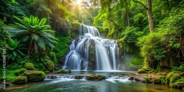 Fototapeta waterfall flowing through dense foliage, forest ecosystem