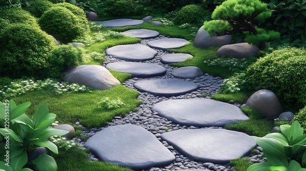 Fototapeta Serene Stone Pathway Through Lush Green Garden