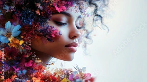 Fototapeta A serene female profile surrounded by vibrant flowers in shades of red, blue, and purple, blending seamlessly with flowing colorful hair, symbolizing beauty and nature's harmony