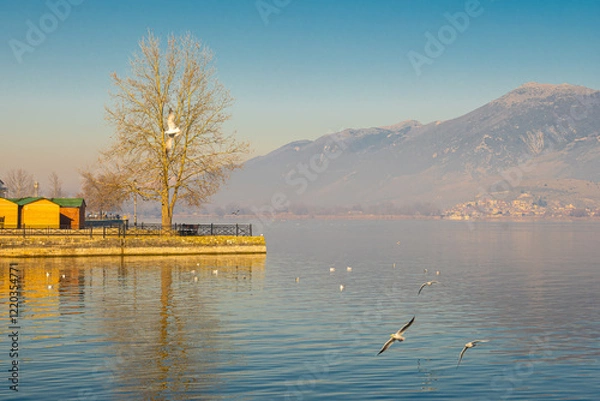 Fototapeta Calm and reflective waters. A flock of birds is flying over the lake, adding to the peaceful atmosphere.