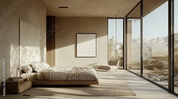 Fototapeta Minimalist bedroom with a blank poster on the wall, large floor-to-ceiling windows, and neutral-toned decor